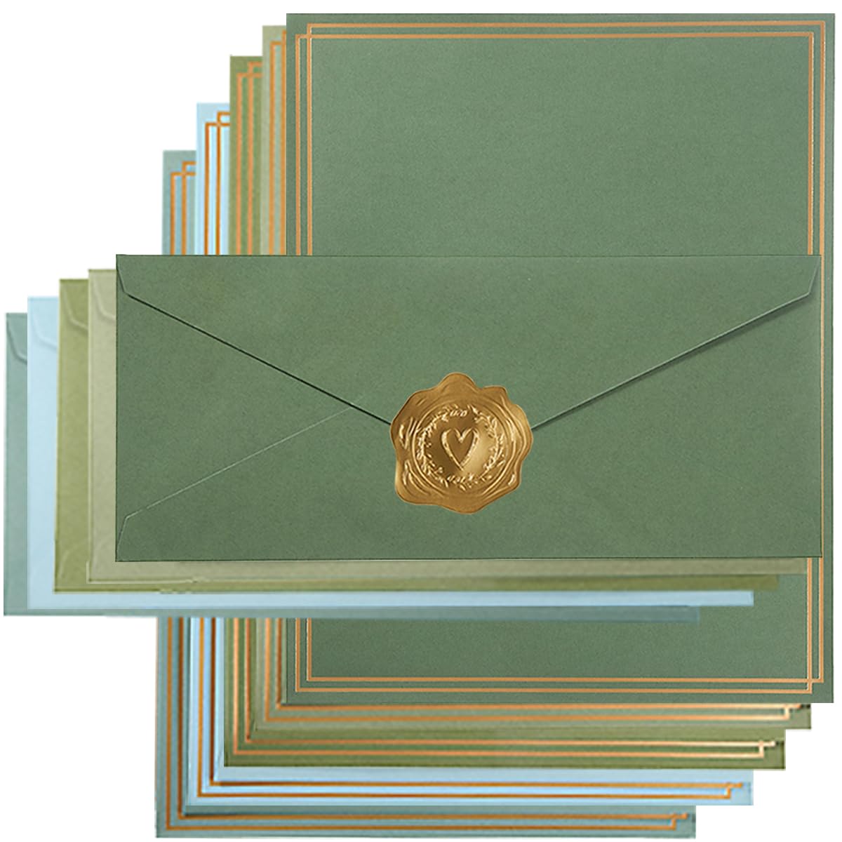 Photo 1 of 50 Pack Colored Stationery Set, 5 Colors #10 Business Envelopes, 50 Sheets 8.5x11 Paper Sheet and Gold Stickers for Office, Letters, Invitations (Sage-Green)