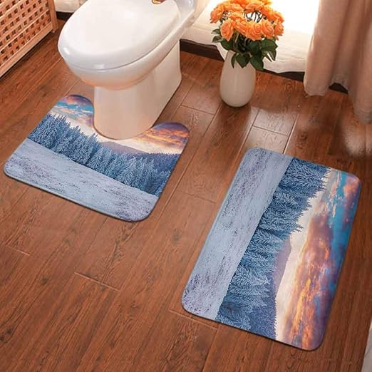 Amazon Com Bath Rug Set 2 Piece Bathroom Contour Rug Combo Winter Snowy Mountain Valley With Pines Sunset Sky Idyllic L Soft Plush Anti Slip Shower Rug Toilet Mat Baby Sky Blue Salmon
