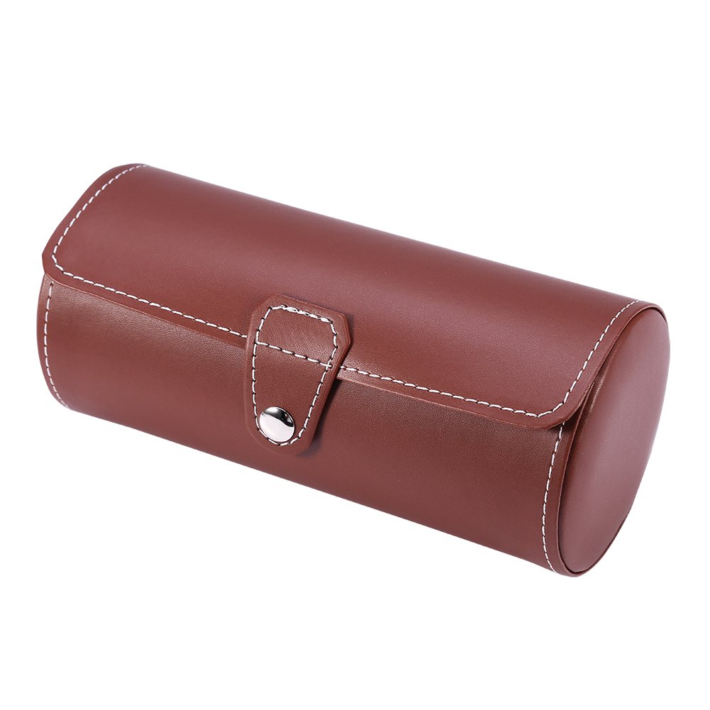 Watch Case 3 Grilles Cylindrical Man'S Metal Clasp Leather Travel Watch Display Storage Case Box Organizer(Brown)