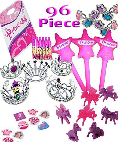 Princess Party Favor Pack for 12 Guest -96 Pieces= 12 Tiaras, 12 Inflatable Wands, 12 Princess Rings, 12 Princess Ponies, 12 Disney Mini Recorders, 24 Princess Puffy Stickers & 12 Princess Loot Bags