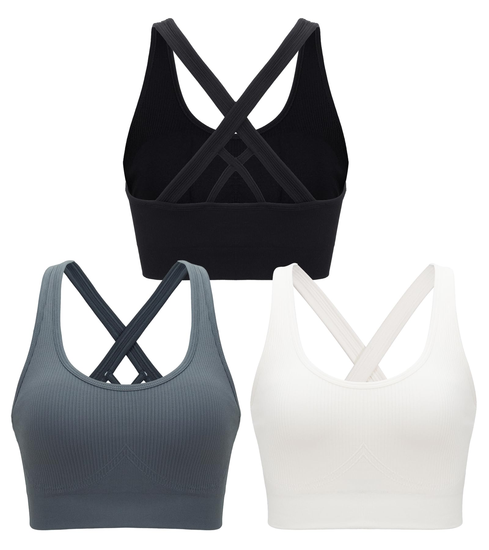 Photo 1 of (LARGE) (BAGGED) RUNNING GIRL Sports Bras for Women 3 Pack,Running Sports Bra for Women High Support with Removable Pads(3012_Black+Grey+White_L)