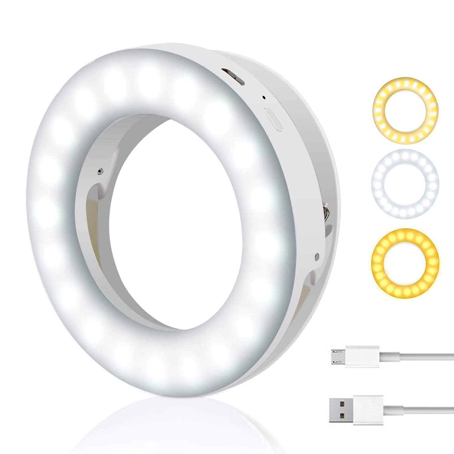 EasyULT Selfie Ring Light, 3 Level Brightness 40 LED Ring Light, Clip on Phone Ring Light Rechargeable, Universal Selfie Light for Phone, Laptop, YouTube, Video(White)
