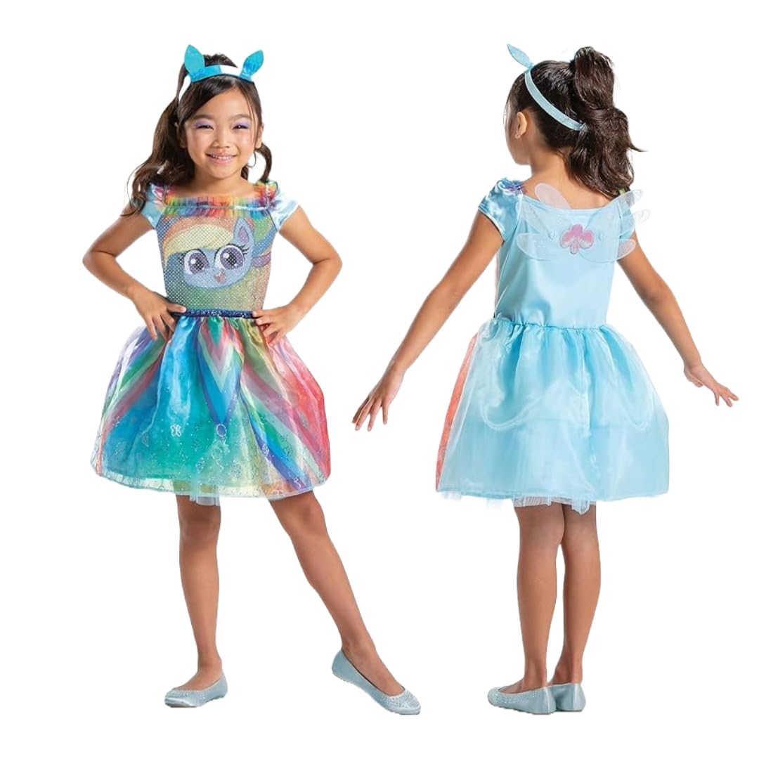 Disguise Rainbow Dash Fancy Dress Costume, Officially Licensed, Perfect for My Little Pony Fans, Includes Glamorous Rainbow Dress with Magic Pony Headband, Outfit for Kids. Size Extra Small (3-4).