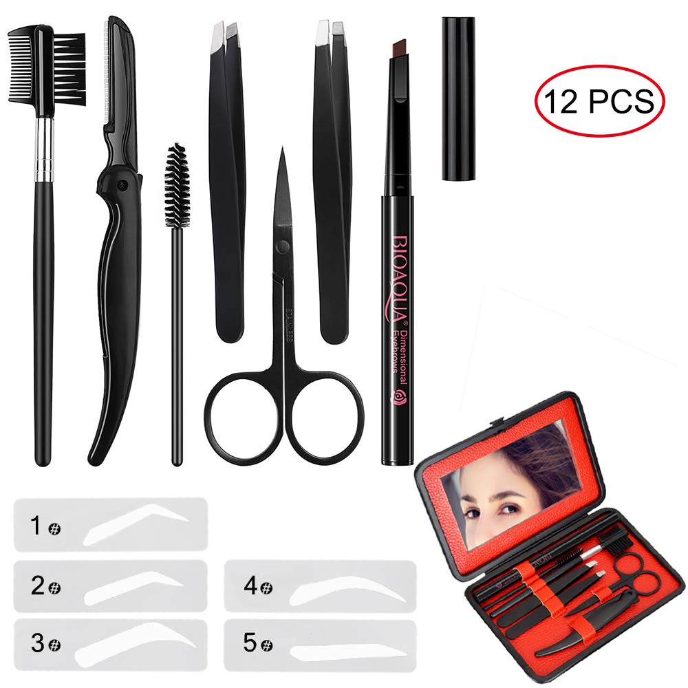 Eyebrow Kit MIBLUE Pencil Eyebrow Razor Set Brush Eyebrow Tweezers Eyebrow Comb Eyebrow Scissors Eyelash Tools for Men and Women (Brown Pencil): Beauty