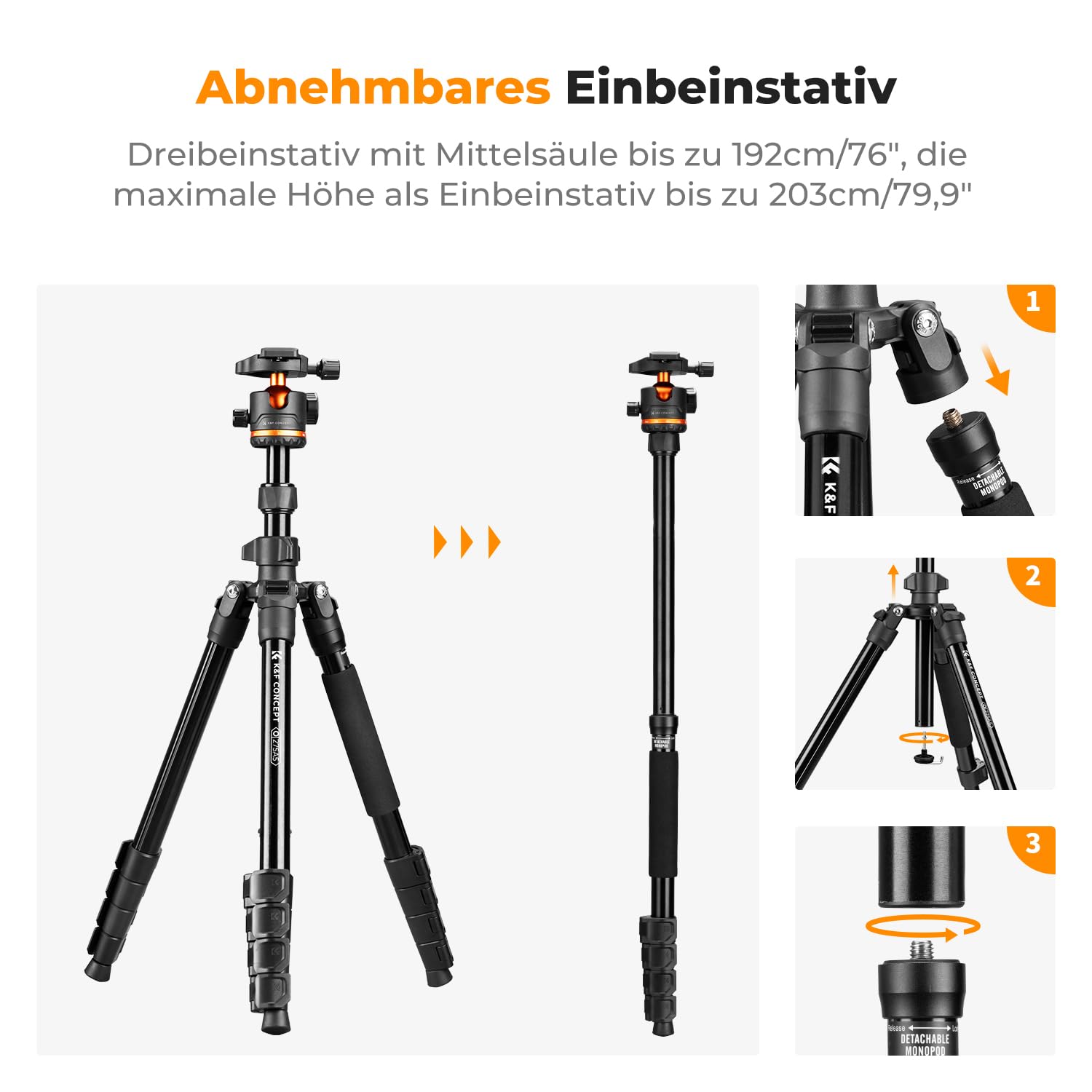 Kamerastativ, K&F CONCEPT Handy-Stativ,192cm Stativ mit Handyhalterung, Tripod für unterwegs, Stativkamera für Smartphone, Aluminium Reisestativ O275A5+BH-36 4