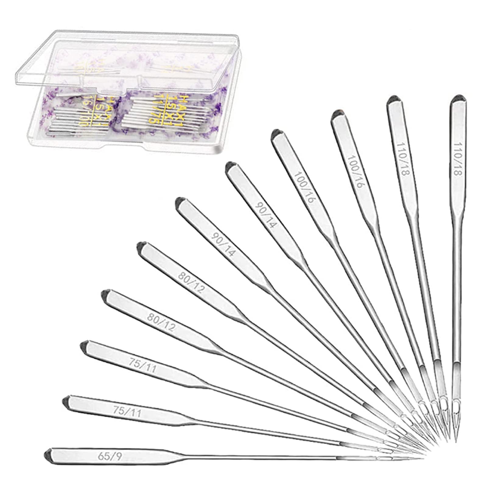 80 Pcs Universal Sewing Machine Needles, Heavy Duty Iron Alloy Sewing Accessories with Box, 6 Sizes 65/9 75/11 80/12 90/14 100/16 110/18 Compatible with Singer Brother Janome Sewing Machine