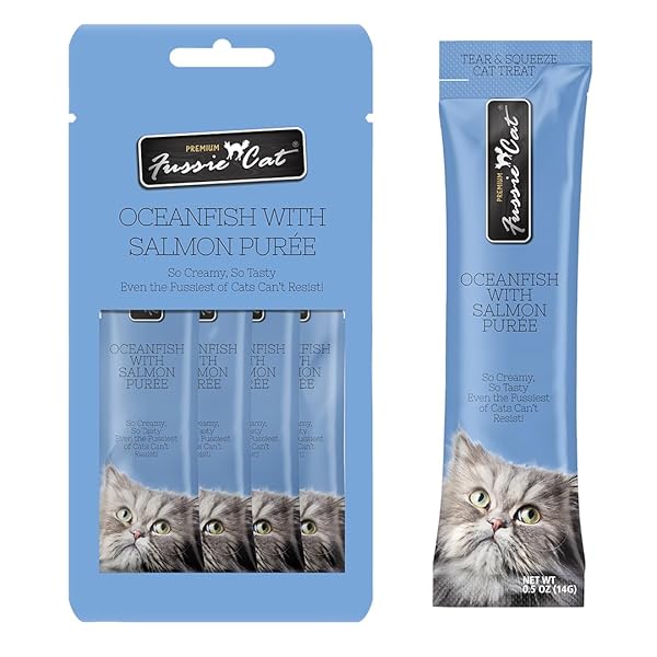 FUSSIE CAT OCEAN FISH AND SALMON PUREE, LICKABLE CAT TREATS, 0.5OZ, 4 COUNT POUCH PACK OF 1