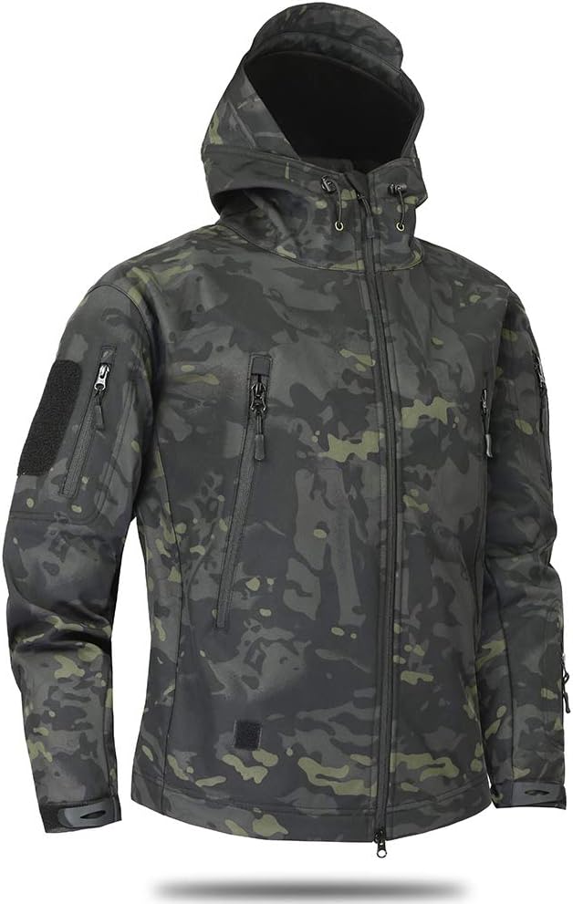 KanViews Men’s Camo Soft Shell Jacket, Military Hooded Fleece Coat for Hunting Sports