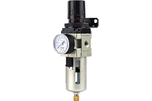 SNS Compressed Air Filter Regulator Piggyback Combo 1/4”NPT-Metal Bowl, semi-auto Drain, Bracket, Gauge AW3000-N02A
