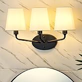Emak Modern Black Vanity Light, Farmhouse Bathroom Light Fixtures with Flared White Fabric Shade, 3-Light Wall Sconces for Ba