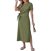 GRAPENT Long Dresses for Women Casual Summer Side Split Beach Vacation Short Sleeve Self Tie 2026 Comfy Tshirt Dress