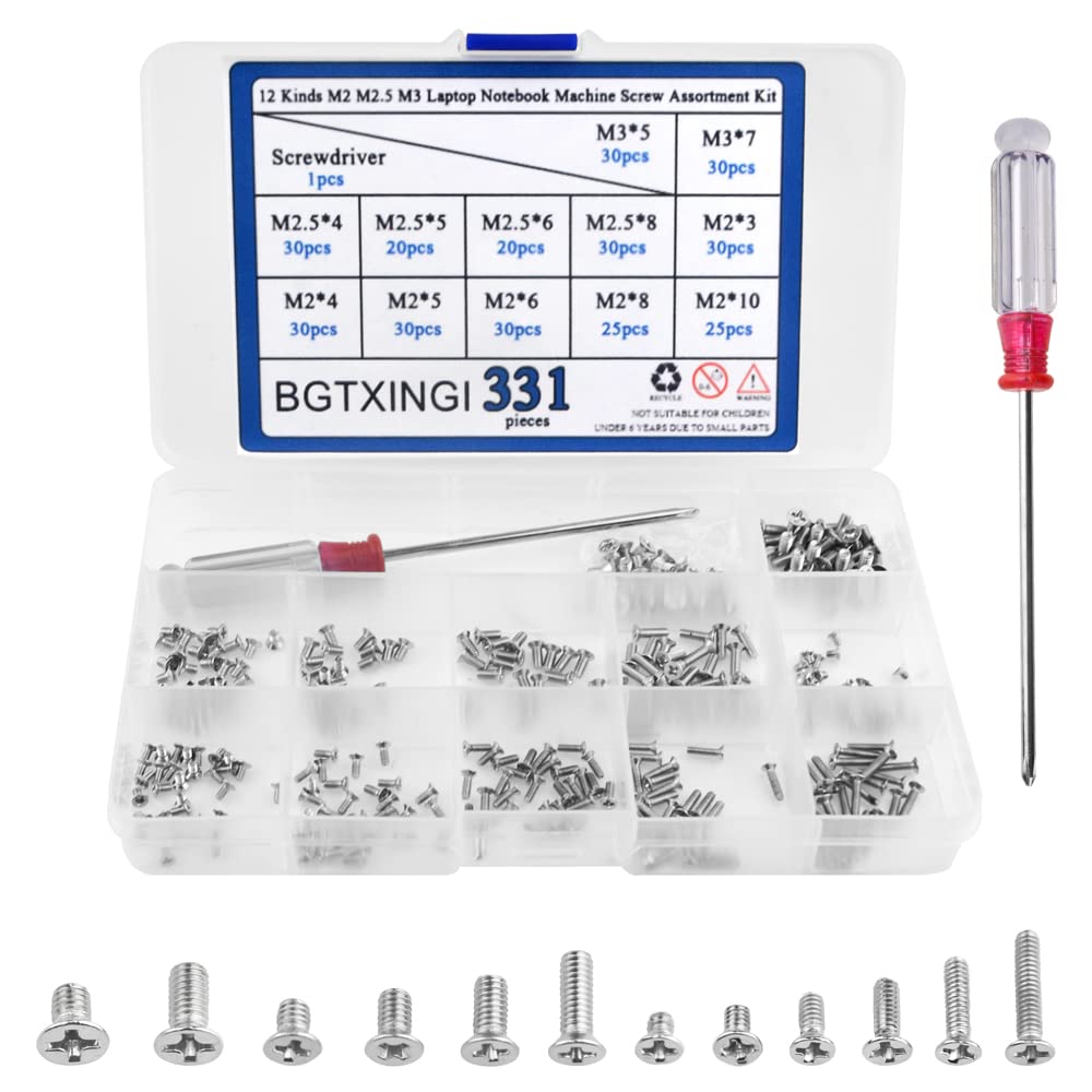 BGTXINGI 330PCS 12 Kinds M2 M2.5 M3 Laptop Notebook Machine Screw Set Stainless Flat Cross Recessed Pan Head Screw Assortment Kit with A Screwdriver Computer Accessory Screw Replacement Repair Kit