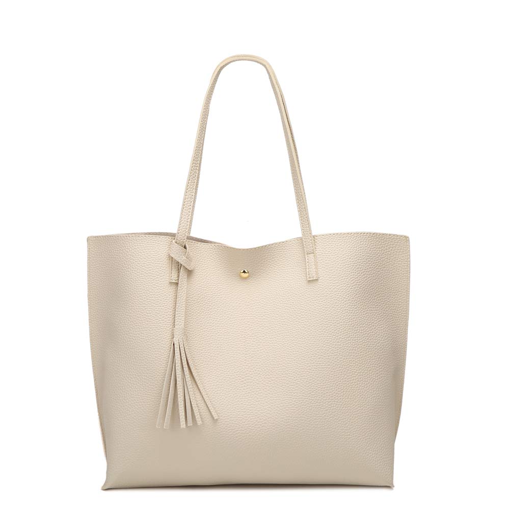 Photo 1 of Dreubea Women's Soft Faux Leather Tote Shoulder Bag from, Big Capacity Tassel Handbag Beige