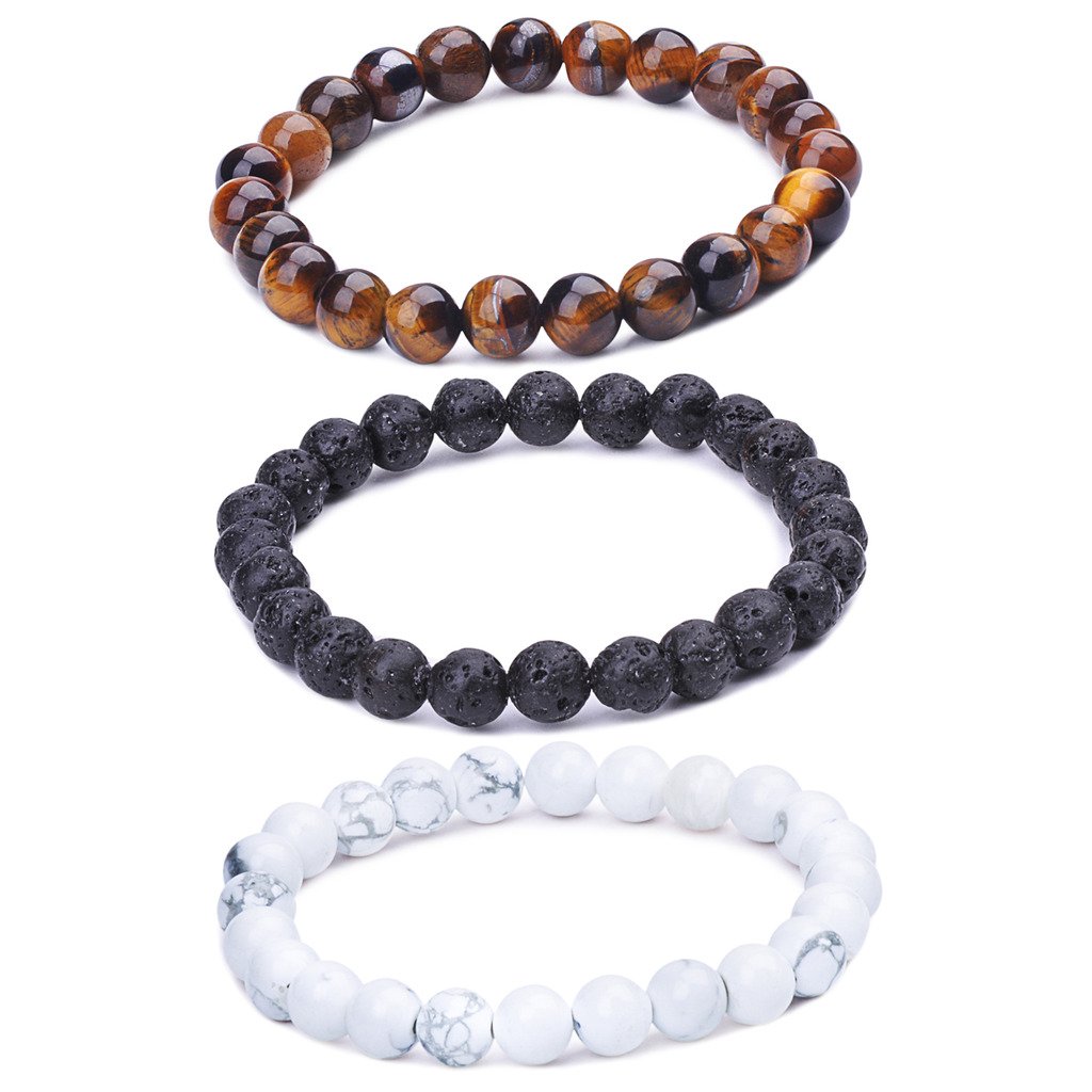 Infinite U Womens Mens Buddha Bracelet 9mm Beads Wrist Mala Energy/Lava Stone Stretch Bracelet, Therapy Yoga Meditation, Brown/White/Black