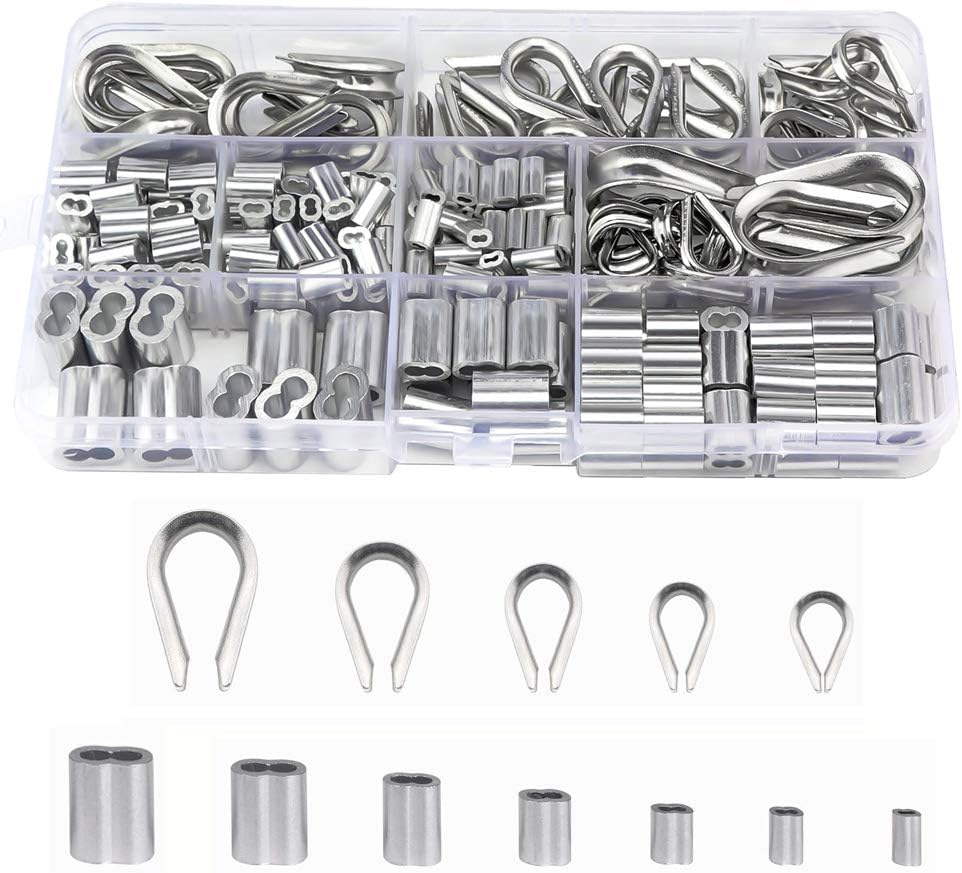 TooTaci 265 Pcs 304 Stainless Steel Wire Rope Cable Thimbles Combo and Aluminum Crimping Loop Sleeve Assortment Kit for Wire Rope Cable Thimbles Rigging