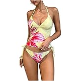 RoseSeek Women's 2 Piece Floral Tankini Swimsuits Tummy Control Backless Halter Bathing Suit Tie Side Beachwear