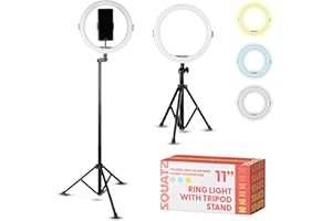 Squatz 11" Selfie Ring Light with 61" Tripod Stand, LED Ring Light with Phone Holder, Wired Control USB, 10 Brightness Levels, 3 Color Modes, Adjustable for Video Recording, Zoom Meetings, and YouTube