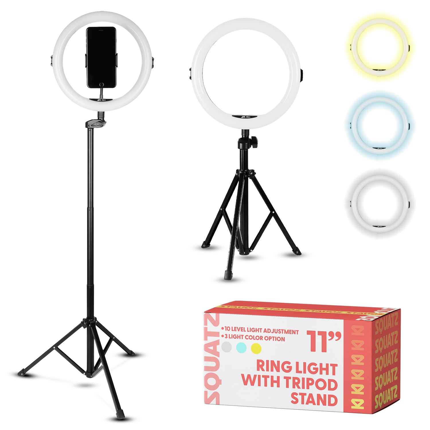 Squatz 11" Selfie Ring Light with 61" Tripod Stand, LED Ring Light with Phone Holder, Wired Control USB, 10 Brightness Levels, 3 Color Modes, Adjustable for Video Recording, Zoom Meetings, and YouTube