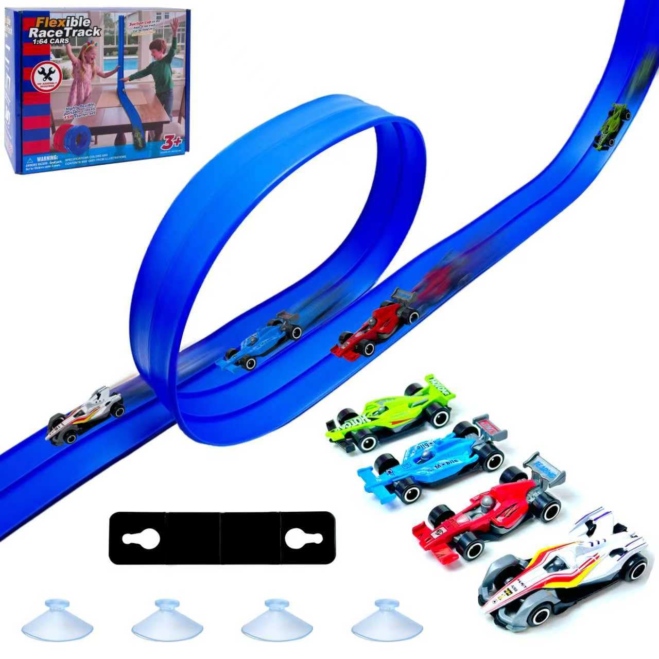 DONGTATA 4M Flexible Racing Track Set DIY Car Track with 4 Cars, Car Race Track with Suction Cups, Portable Flexible Race Track Roll Up DeepMold-004