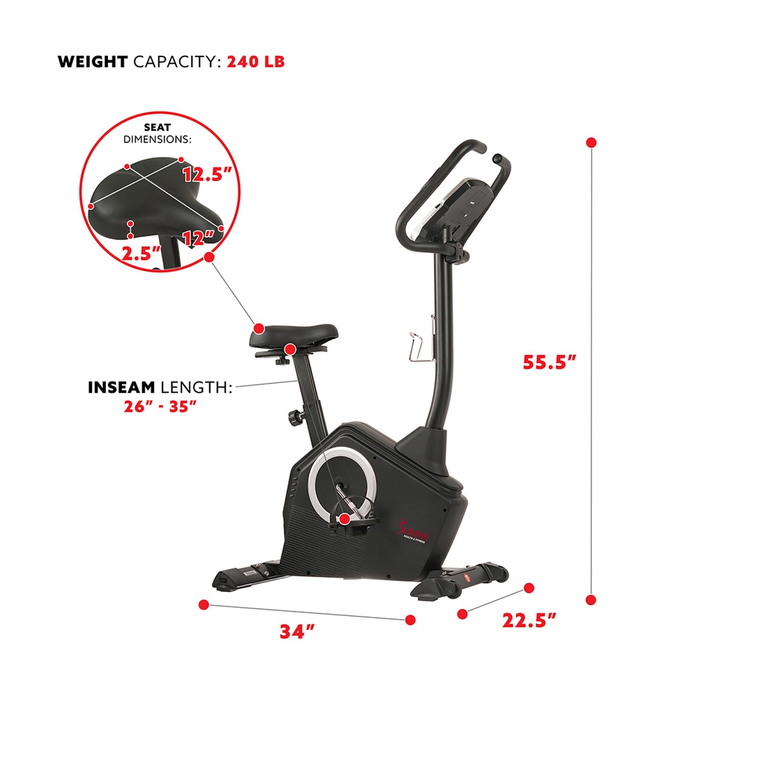 Sunny Health & Fitness Exercise Bike w/Pulse Sensors & Adjustable Cushion Seat, Home Cardio Training Machine for Adults/Seniors' Indoor Cycling Workout, Optional Compact Foldable or Electro-Magnetic