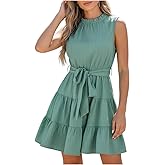 CUPSHE Women's Summer Mini Dress Tie Waist Belted Sleeveless Ruffled Round Neck A Line Swing Short Dress