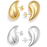 VULETO 2 Pairs Earrings Dupes Chunky Gold Hoop Set Earrings for Women, 14k Gold Lightweight Hollow Open Teardrop Earrings Fashion Jewelry Gift