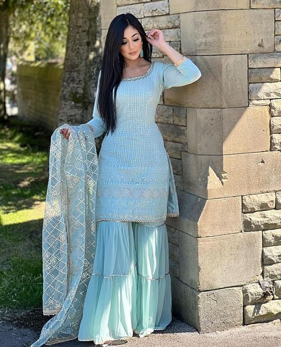 FASHION FRONTIER Beautiful Chinnon Punjabi Style Sharara Suit For Women Ready To Wear Salwar Kameez With Dupatta