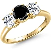 Gem Stone King 18K Yellow Gold Plated Silver Gemstone Birthstone and White Topaz 3-Stone Engagement Ring for Women | Round 6MM and 5MM | Wedding Anniversary Promise Ring | Sizes 5-9