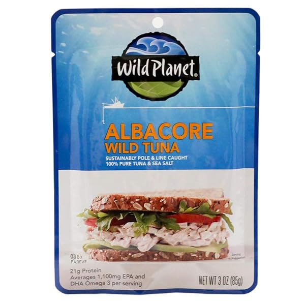 WILD PLANET WILD ALBACORE TUNA, SEA SALT, SUSTAINABLY WILD-CAUGHT, KOSHER, GLUTEN FREE, KETO AND PALEO, 3RD PARTY MERCURY TESTED, 3 OUNCE POUCH (PACK OF 1)