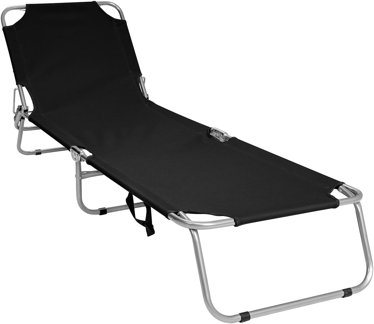 Charles Bentley Foldable Camping Sun Lounger Sun Bed Recliner - Fully Assembled in Black, Cream, Grey & Teal