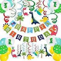 Dinosaur Birthday Party Supplies Decorations- 47 Pcs for Boys Birthday Decorations Banner Hanging Swirl Decorations for Kids Dinosaur Balloon Party Favors