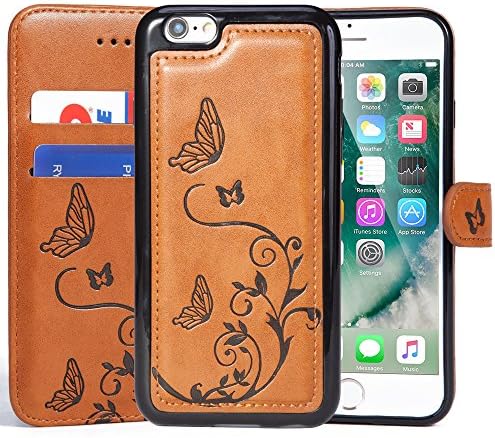 WaterFox Case for iPhone 6/6S, Wallet Leather Case with 2 in 1 Detachable Cover, Women's Vintage Embossed Pattern with 2 Card Slots & Wrist Strap Case - Brown