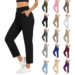 OPHPY Travel Dress Pants Women Stretch Pull on 7/8 Ankle Golf Trousers High Waisted Work Business Casual Slacks with Pockets
