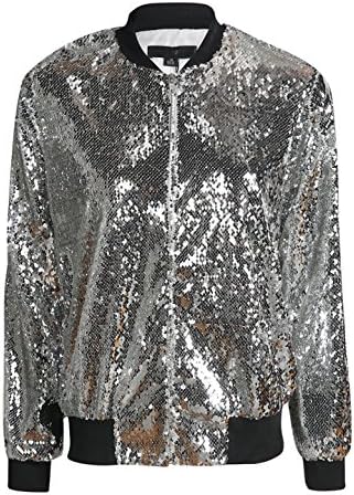 Richlulu Womens Sparkle Mermaid Sequin Threaded Sleeve Bomber Jacket (X-Large, Silver)