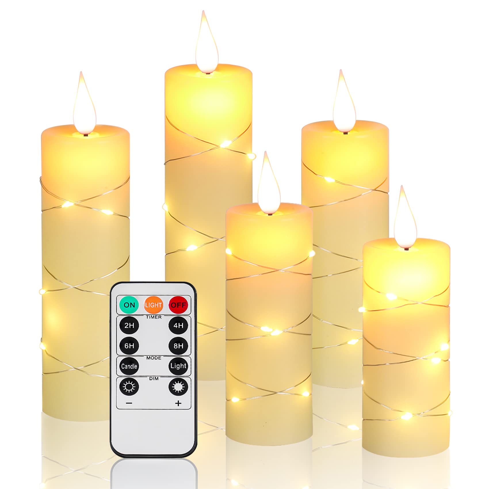 Fanzir LED Candle String Light with Built-in String Light LED Candle with Remote Control and Timer, 13cm 14cm 16cm 18cm 20cm Five-Piece Ivory Set