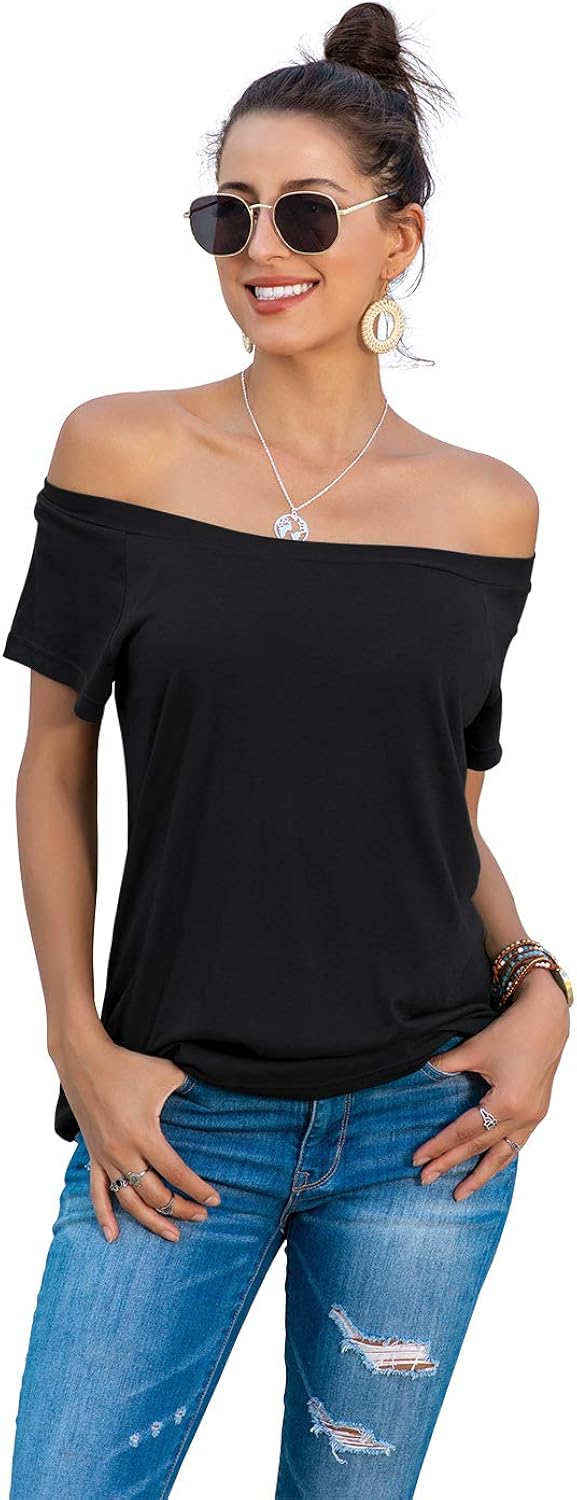 HIYIYEZI Women's Off The Shoulder Tops Summer Casual Short Sleeve T Shirts at  Women’s Clothing store