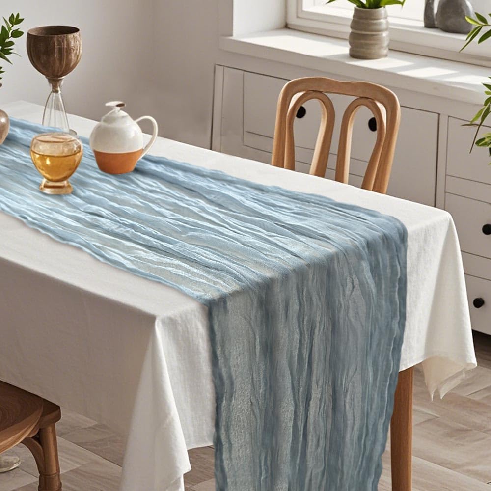 Photo 1 of AlaTyche 1 Pack Cheesecloth Table Runner,35 x 120 Inch Blue Table Runner,Gauze Rustic Table Runner for Baby Shower, Wedding Bridal Shower,Vintage Long Table Runner for Birthday Party Table Decor