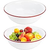 Elsjoy Set of 2 Enamel Bowl, 3 Quart Large Enamel Mixing Bowl White Enamelware with Red Rim, 11 Inch Vintage Enamel Soup Basin for Fruit, Salad, Pasta, Dinner