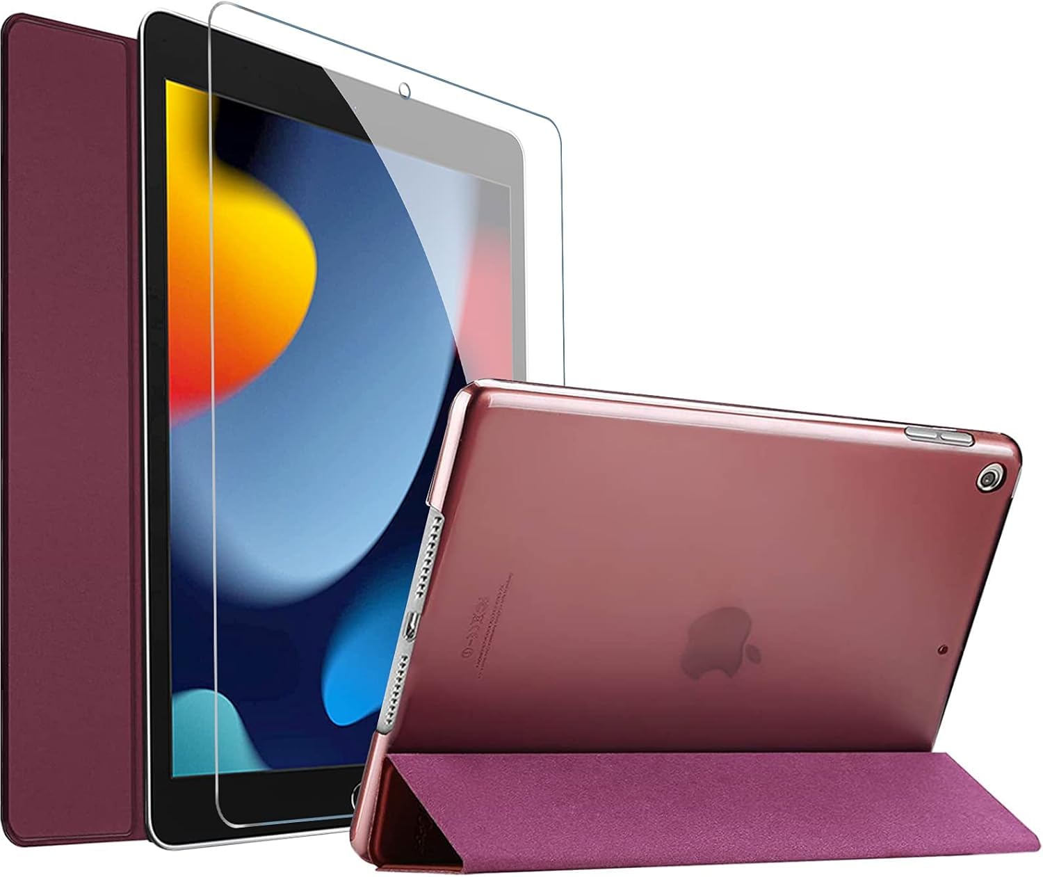 ProCase iPad 10.2 Inch 9th Gen 2021/ 8th Gen 2020/ 7th Gen 2019 Case with Tempered Glass Screen Protector, Slim Stand Hard Shell Protective Smart Cover for 10.2” iPad 9th/8th/7th Generation –Wine