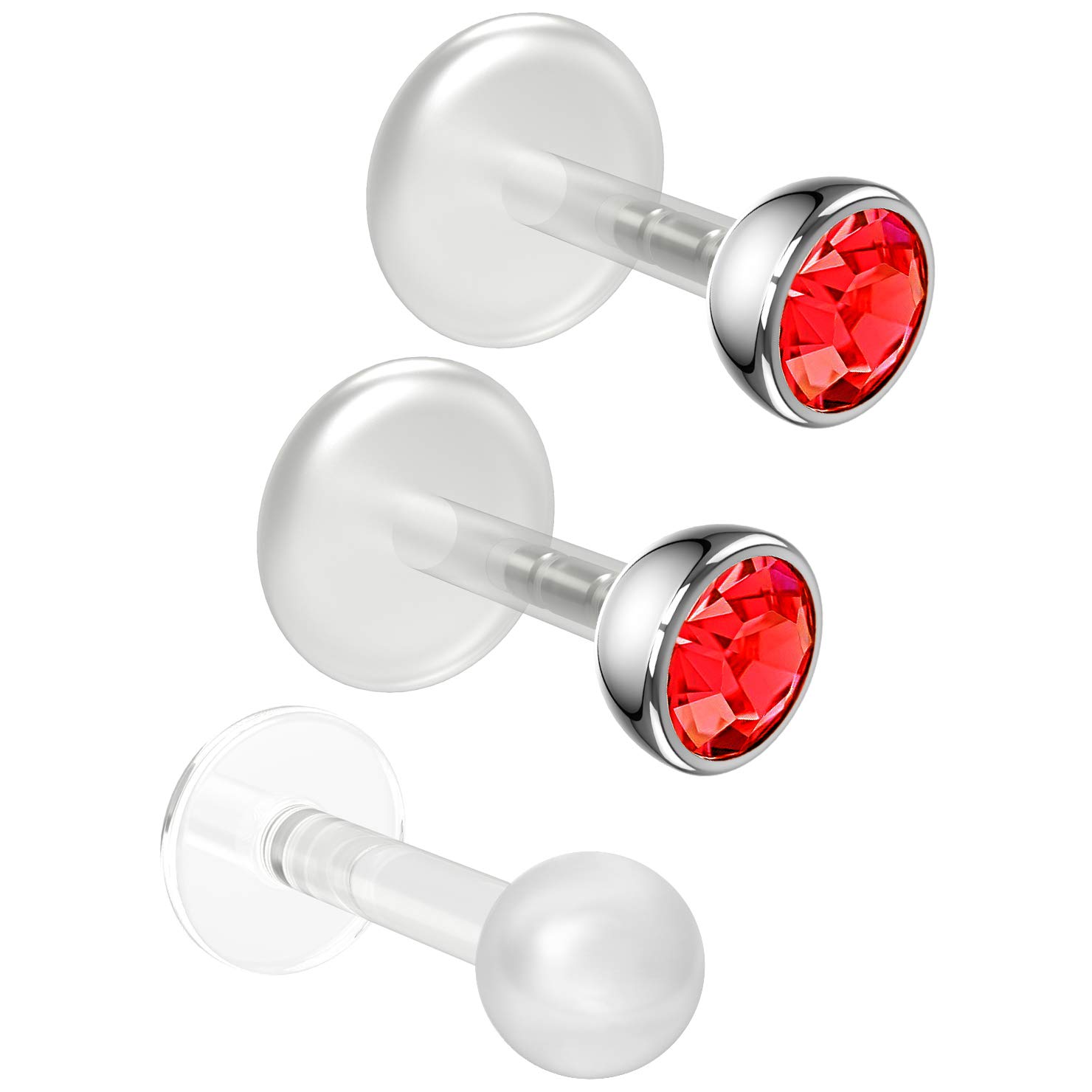 2pc 16g 1.2mm 6mm Bioflex Labret Bar Studs Red 3mm Gem Lip Rings Bioplast 6mm Piercing Jewellery 6mm + Retainer Keeper