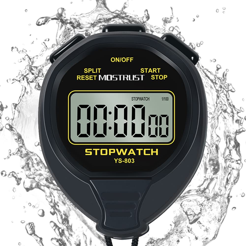 MOSTRUST Digital Simple Waterproof Stopwatch, No Bells, No Clock, No Countdown, Simple Basic Operation, Large Display Silent Stopwatch with ON/Off for Swimming Kids Coaches Referees Teachers (Black)