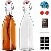 eispap 2 Pack 25oz Square Swing Top Glass Bottles, 750ML Bottles with Airtight Stoppers for Kombucha, Kefir, Vanilla Extract, Beer(Bonus Gaskets, Labels and Funnel)