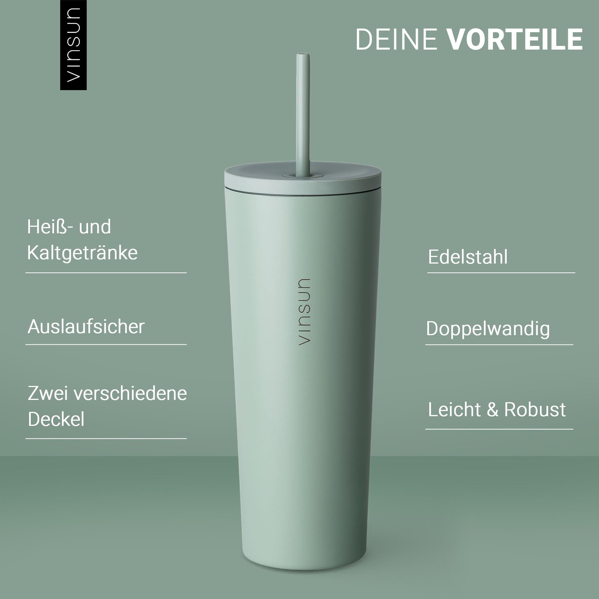 VINSUN Thermobecher mit Strohhalm 720ml - Edelstahl, auslaufsicher, doppelwandig isoliert - Heiß & Kaltgetränke - Kaffee Trinkbecher mit zwei Deckeln für Reisen, Uni 2