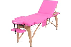 ABET Portable Massage Table, 3 Folding Professional Lash Bed Esthetician Bed, Height Adjustable Tattoo Spa Facial Bed with Face Cradle, Detachable Armrest, Wood Frame & Accessories Carrying Bag, Pink