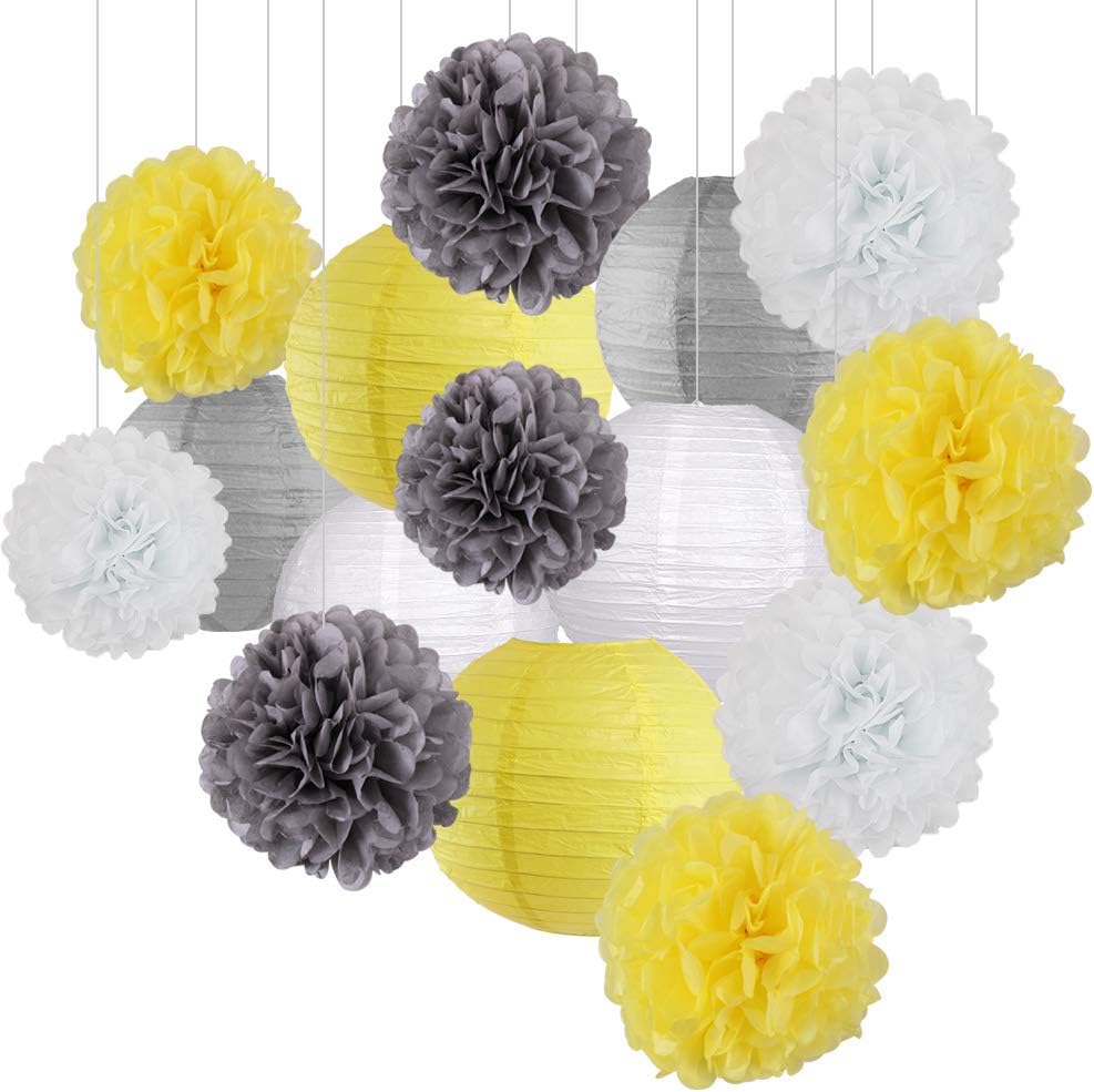 15Pcs Party Pack Paper Lanterns and Pom Pom Balls Hanging Decoration for Graduation Wedding Birthday Baby Shower-Gery/Yellow/White