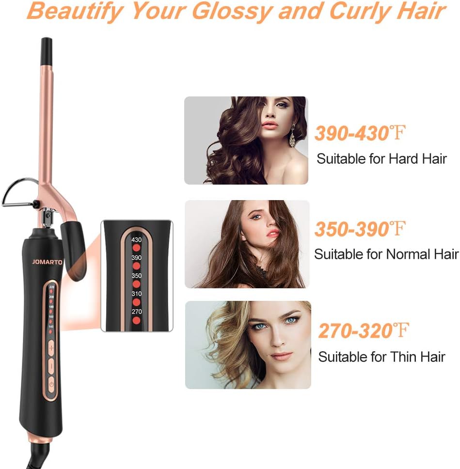 Professional 0.35 in Thin Curling Iron, JOMARTO Unisex Ceramic Hair Curler, Small Curling Iron with Adjustable Heat Settings, Slim Tight Curling Tongs, Includes Glove and 2 Hairpins: Health & Personal Care