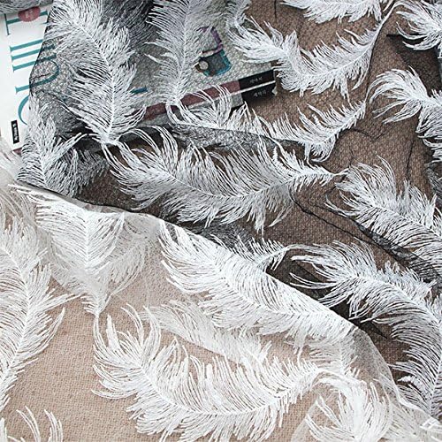 IRIZ White/Black Feather Pattern Lace Hollow Embroidery Fabric by The Yard (Black)