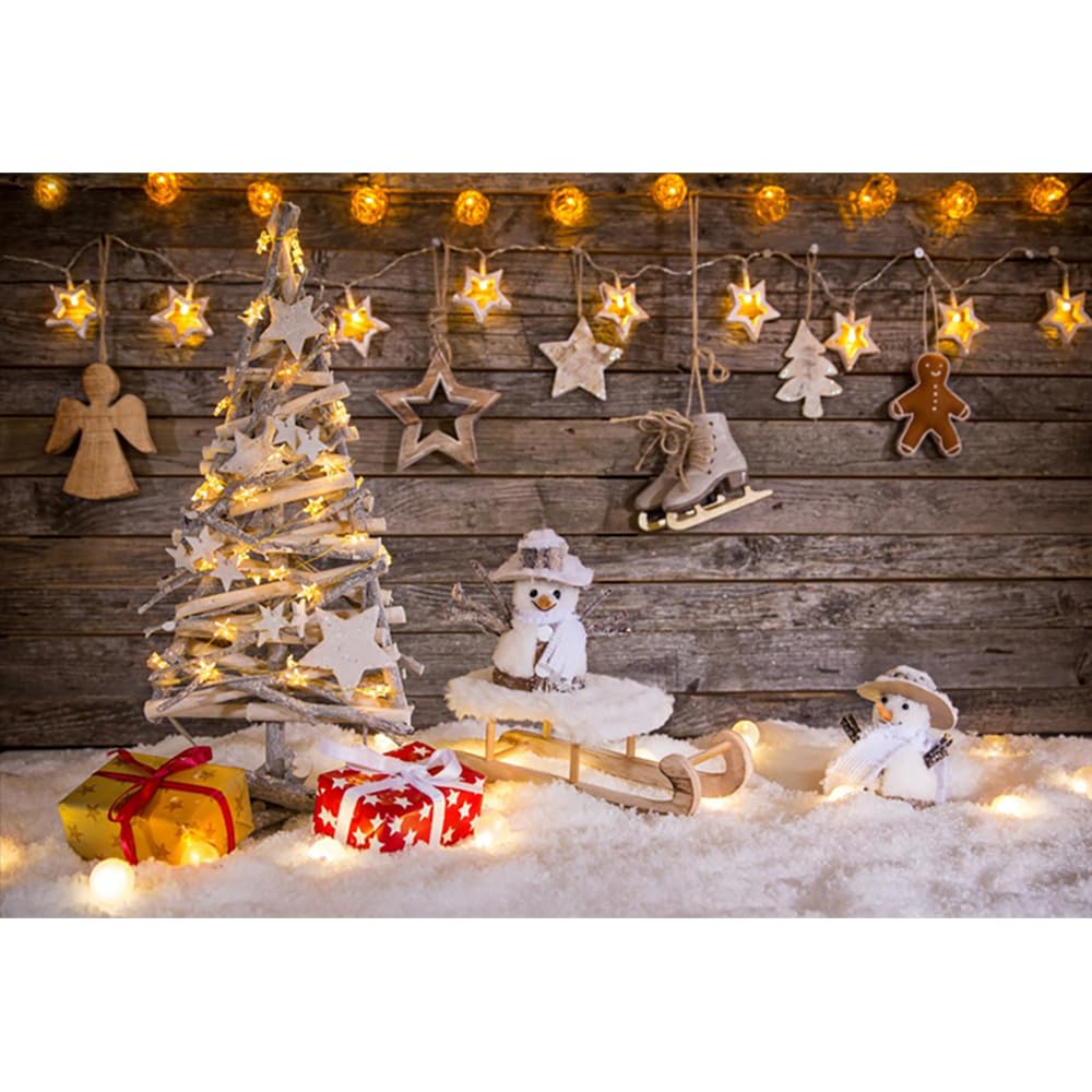 YongFoto 7x5ft Photography Backdrop Christmas Tree Gifts Sleigh Snowman Shining Lights Wood Plank Heavy Snow Xmas Photo Background Backdrops Photography Video Party Kids Wedding Photo Studio Props — image 1