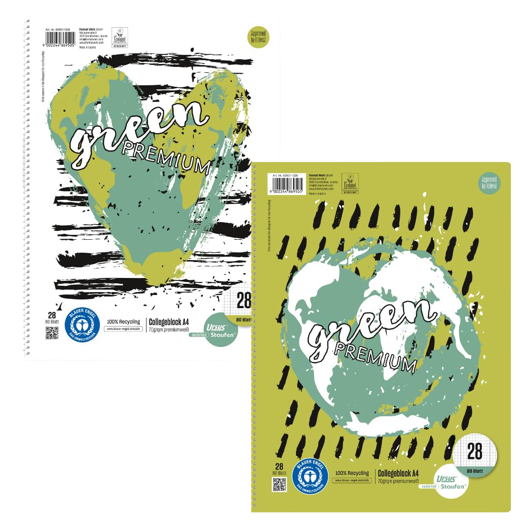 Staufen Green 608511028 College Notepad, DIN A4, Cover Sheet with 2 Designs, Line Style 28 (5 mm Squared with Margin Lines), 80 Sheets, 4-Hole Punch, Premium White 70 g/m² Recycled Paper, Pack