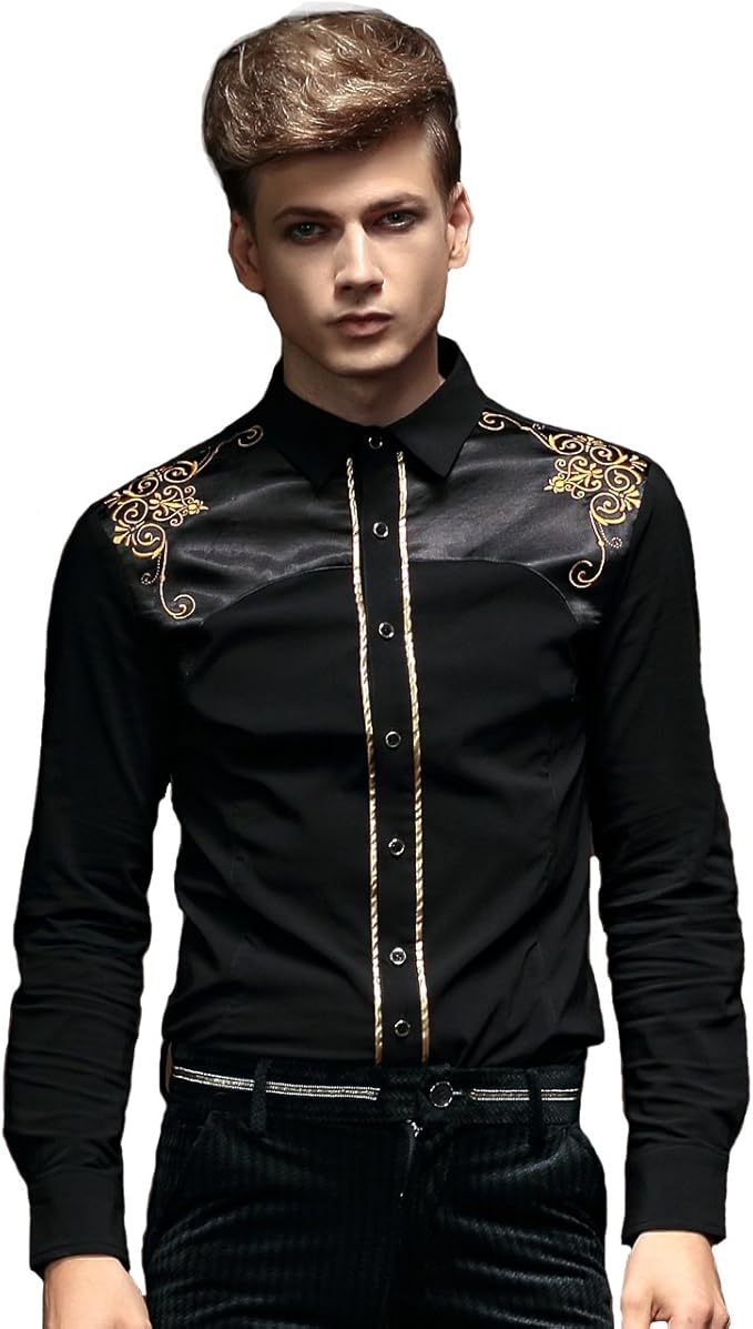Fanzhuan Stilvolle Schwarze Stickerei Herren Hemd Langarm Slim Fit Bugelfrei